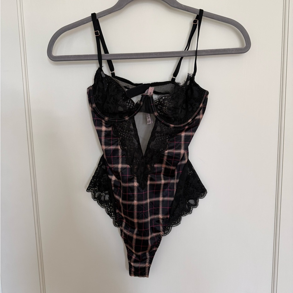 Victoria's Secret Black Lace Plaid Teddy with Pink Accents